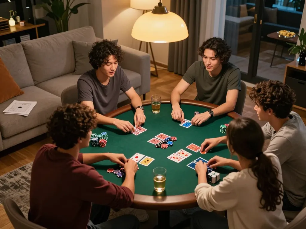 Bl555 poker night with friends, showing dynamic gameplay and cozy atmosphere in a stylish living room.