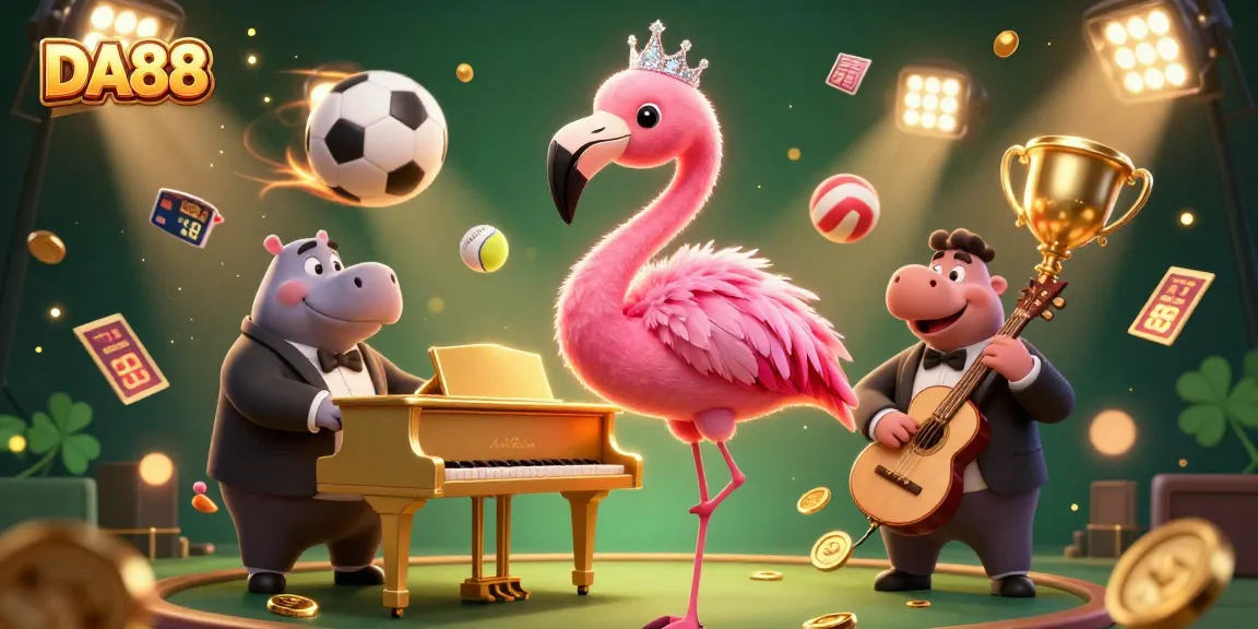 DA88 showcases a vibrant 3D casino scene with flamingo lounge singer and hippo bassist amidst dynamic betting elements.