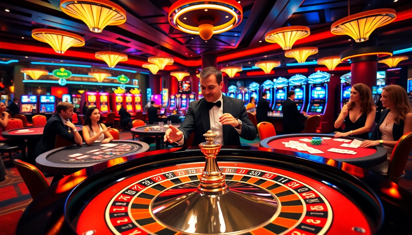 Exciting casino atmosphere at TRANG CHỦ NEO79 with vibrant roulette, poker, and slot games.