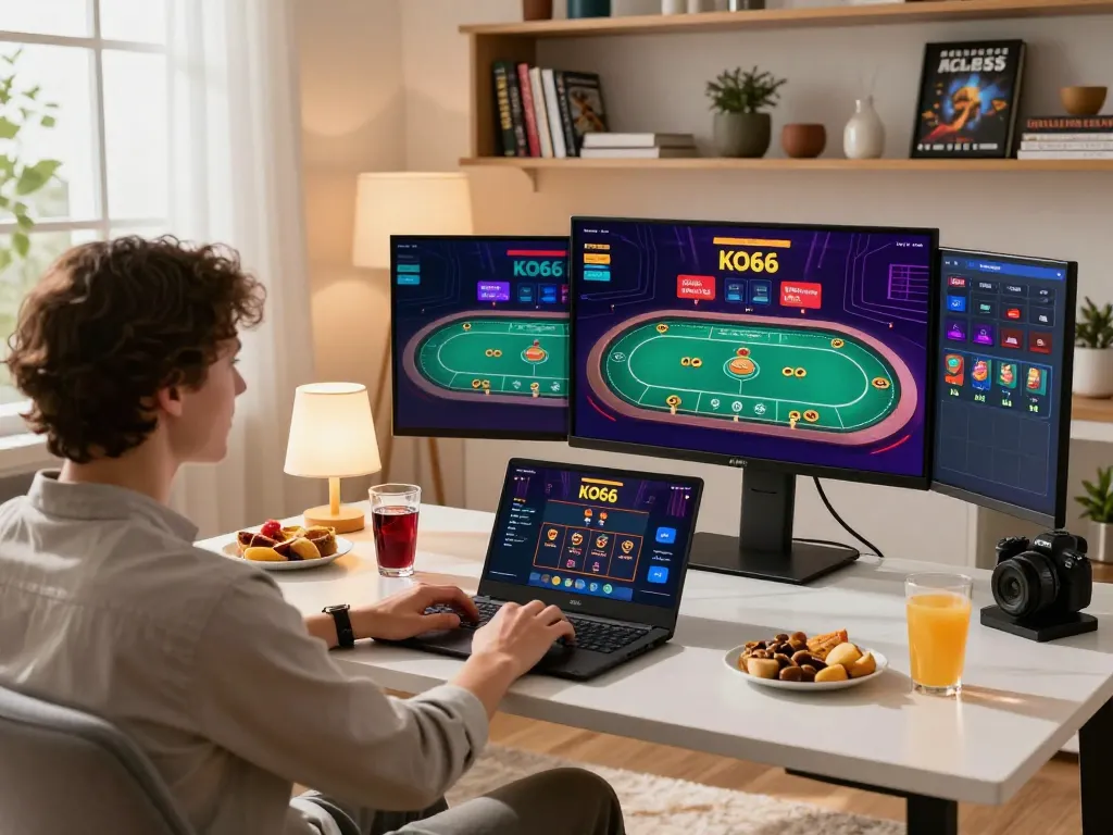 Engaging in online gaming with link vào KO66 on the laptop, showcasing a stylish living room setup.