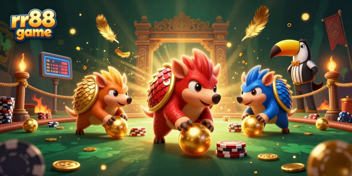 Engaging rr88 game scene with rival pangolins rolling through poker chips under golden scales confetti.