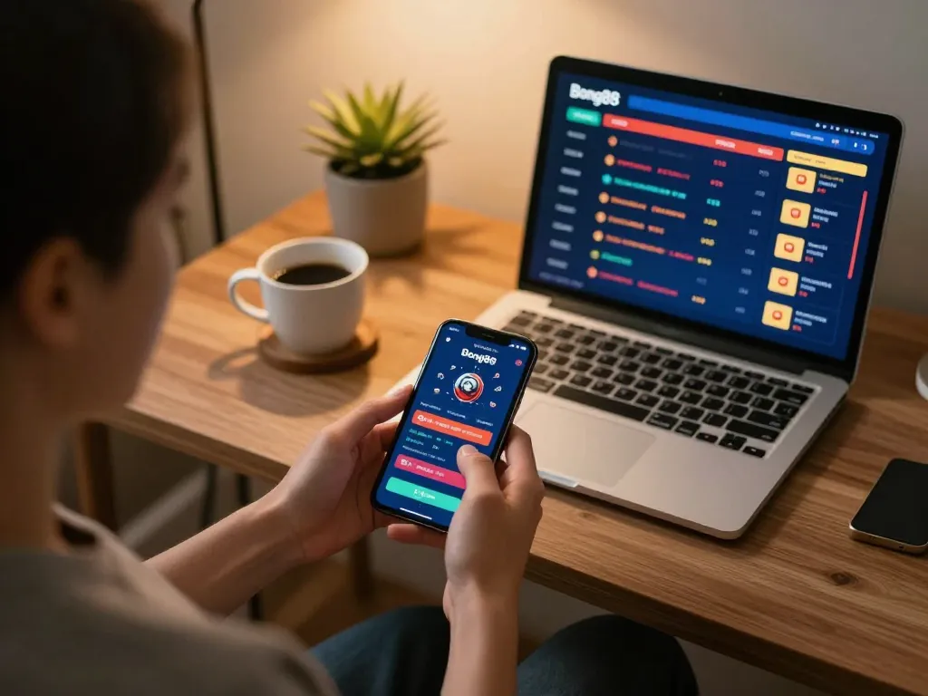 Bong88 user engaged in online gambling activity on smartphone in cozy home office, showcasing strategic betting.