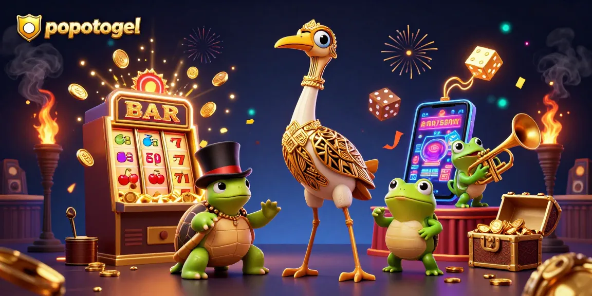 Experience popotogel excitement with a vibrant 3D casino scene featuring animated characters and jackpot elements.