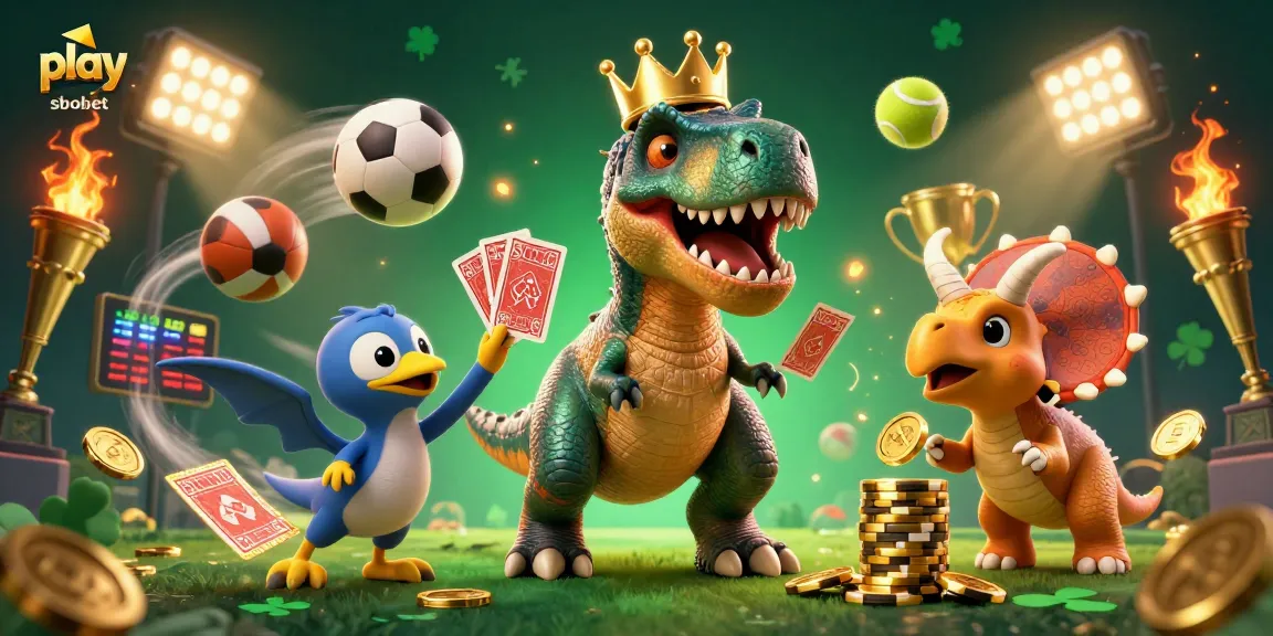 Engage in thrilling matches with play sbobet, featuring vibrant animation of a dinosaur and games.