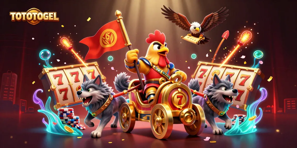 Engage with TOTOTOGEL featuring an epic 3D rooster warlord, slot reels, and festive casino elements.