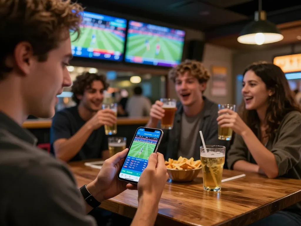 momen menarik yang menangkap seorang petaruh olahraga memeriksa Skor Langsung di smartphone di bar olahraga yang mengasyikkan.