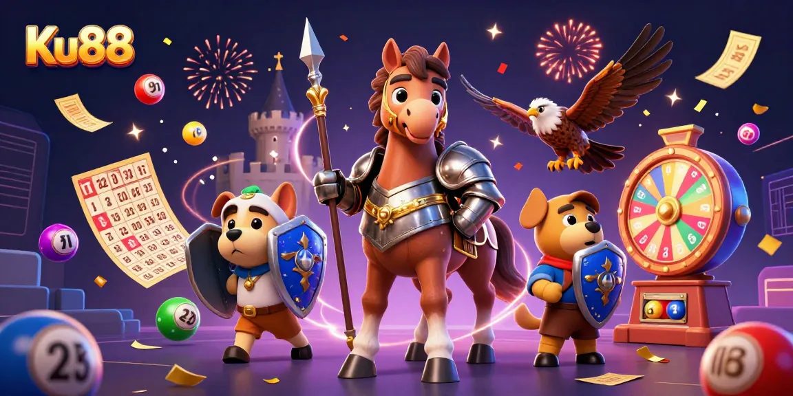 Experience the excitement of Ku88 with vibrant lottery elements and celebratory characters.
