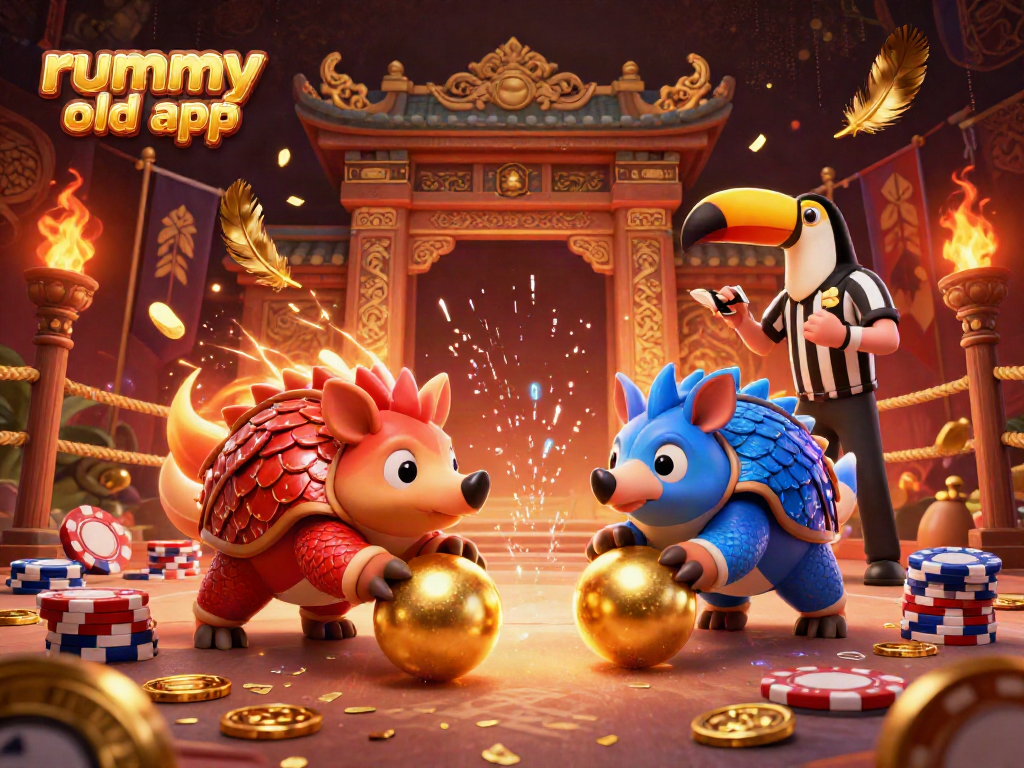Engaging gameplay scene of the rummy old app featuring rival pangolins in armor, poker chips, and a toucan referee.