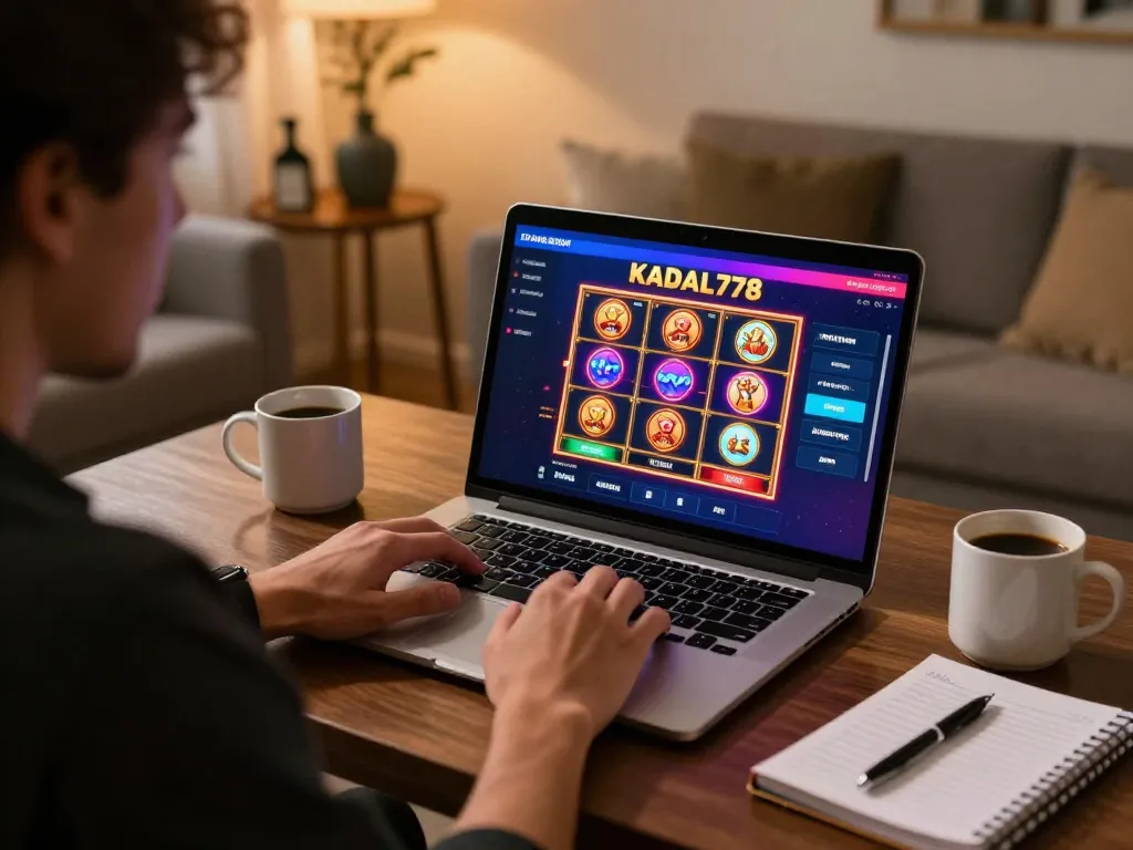 KADAL778 player enjoying online gaming on laptop with strategy notes nearby in cozy home.