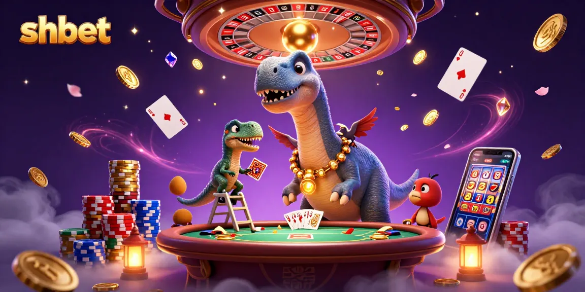 shbet offers a vibrant casino scene with a dinosaur dealer and dynamic game elements.