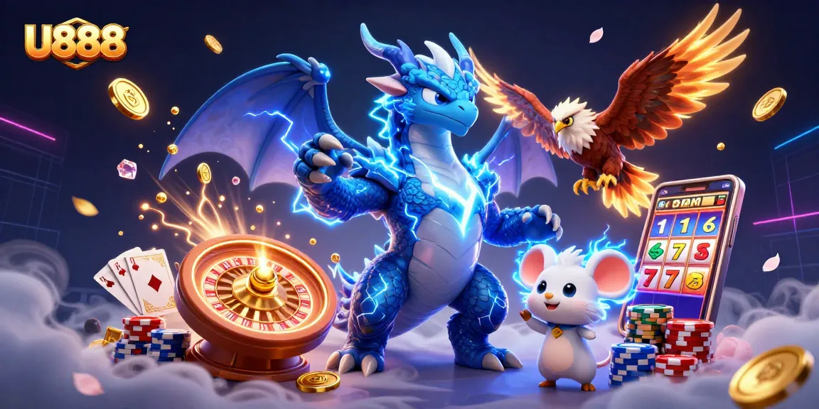 Experience exhilarating wins with U888's dynamic 3D casino illustration featuring exciting games and vibrant characters.