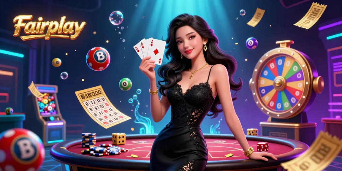 Engage in thrilling Fairplay moments with a stunning casino-themed scene featuring an elegant woman and vibrant game elements.