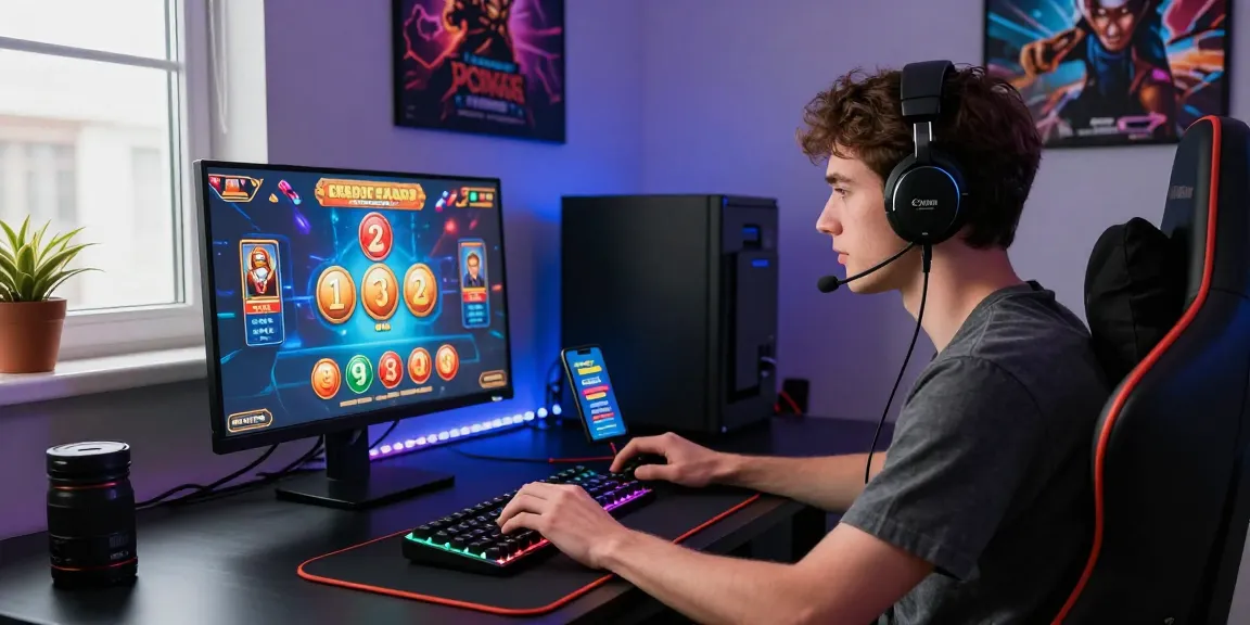Exciting moment at a credit card casino with vibrant game graphics lighting up the player's screen and gaming setup.