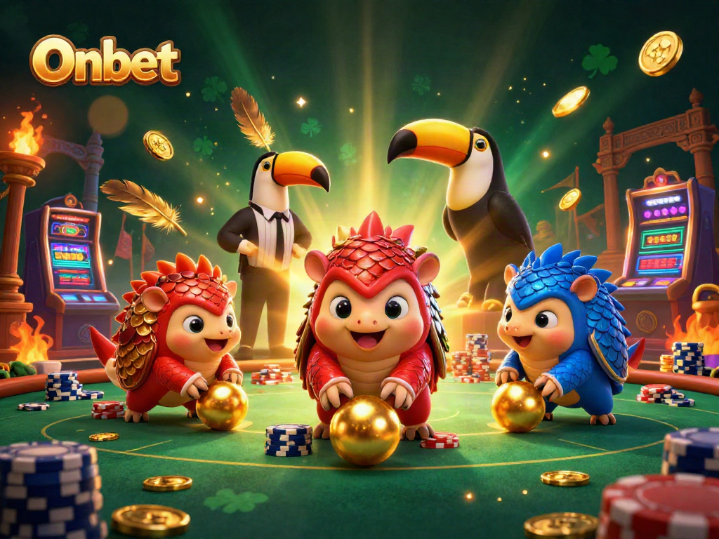 Onbet showcases dynamic rival pangolins in a colorful casino setting, rolling through poker chips and celebrating wins.