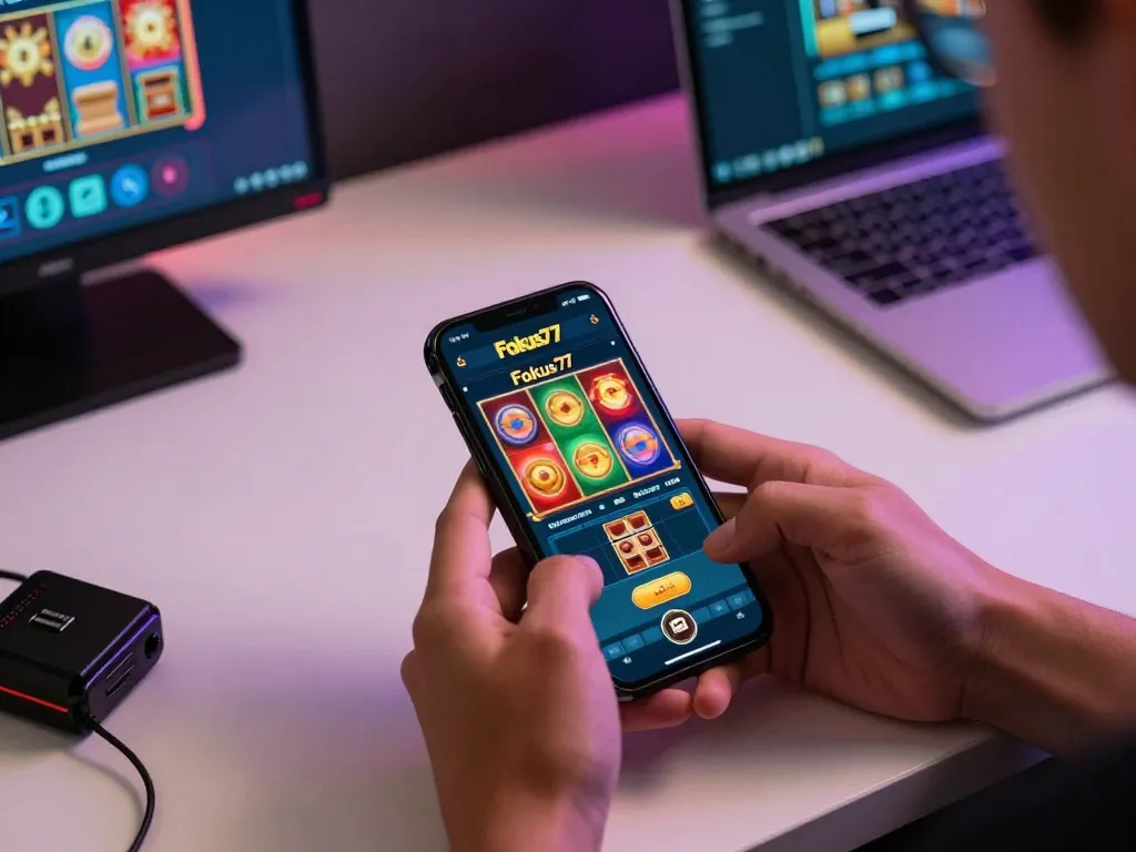 Engaged player on mobile gaming app Fokus77, colorful reels in action, cozy setup.