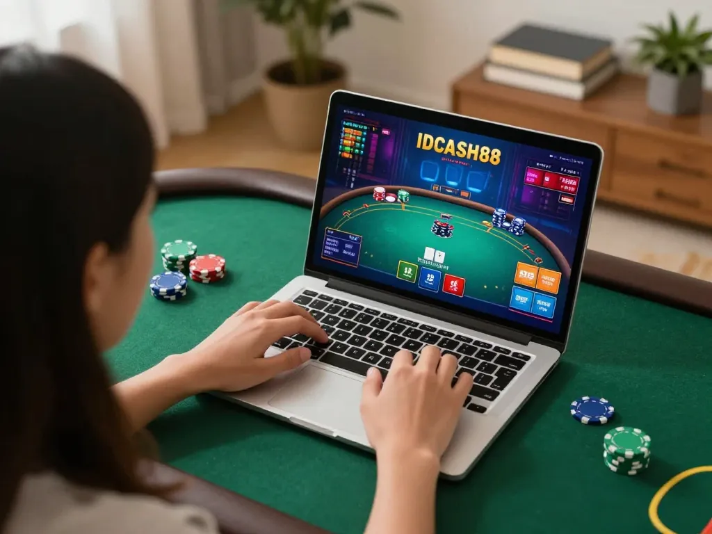 Engaging gameplay on IDCASH88 platform with vibrant visuals and cozy home setting.