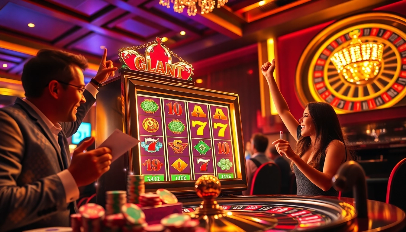 Players engaging with the slot777 machine, celebrating wins in a vibrant casino setting.