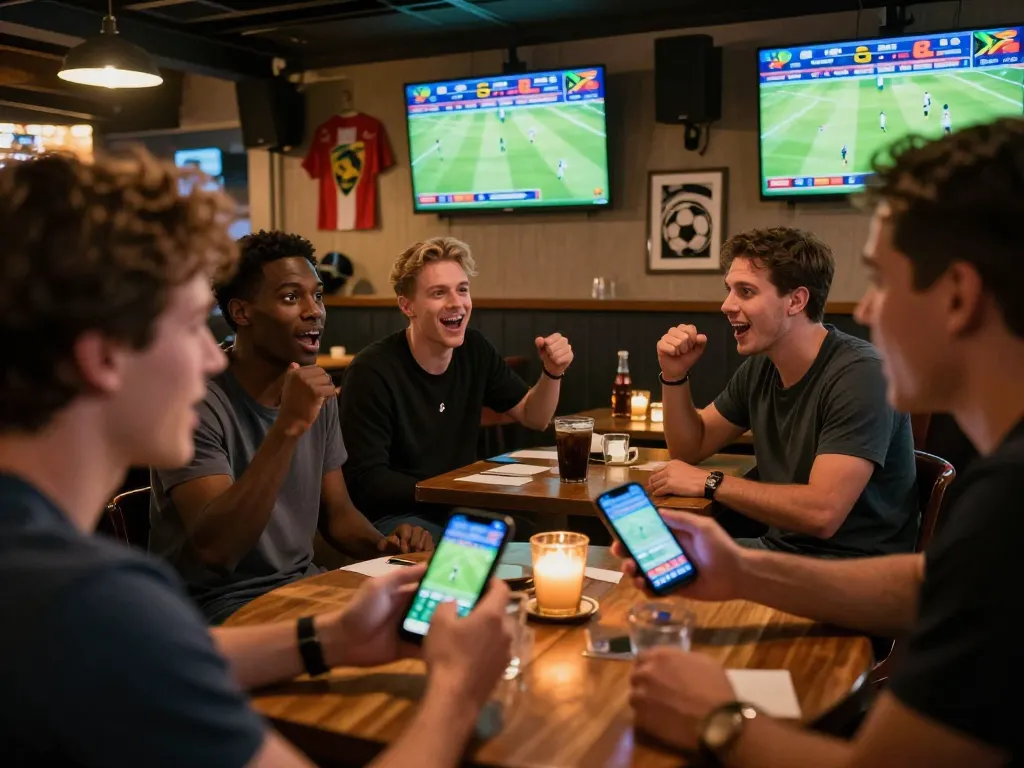 Engaging sports betting South Africa scene at a sports bar with live match and smartphone betting.