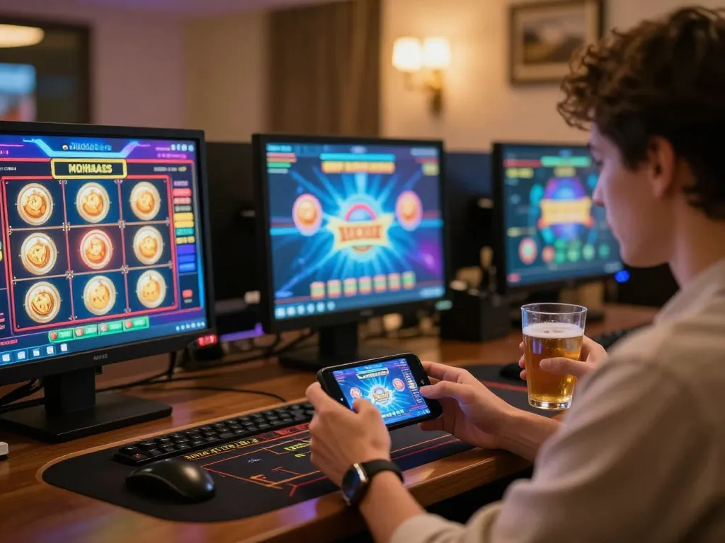 Pemain yang terlibat dalam permainan kasino online di https://burtonsbamboogarden.com/biop/, menampilkan mesin slot yang berwarna-warni.
