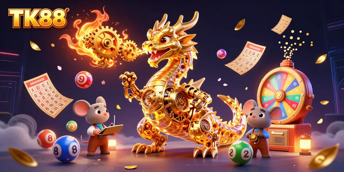 Engage in thrilling lottery action with TK88 as the dragon unleashes colorful balls and prizes.