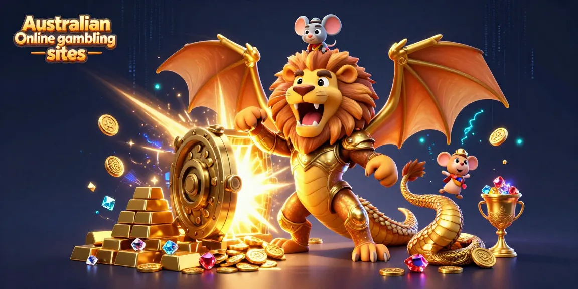 Experience thrilling action at Australian online gambling sites featuring a roaring chimera and treasure elements.