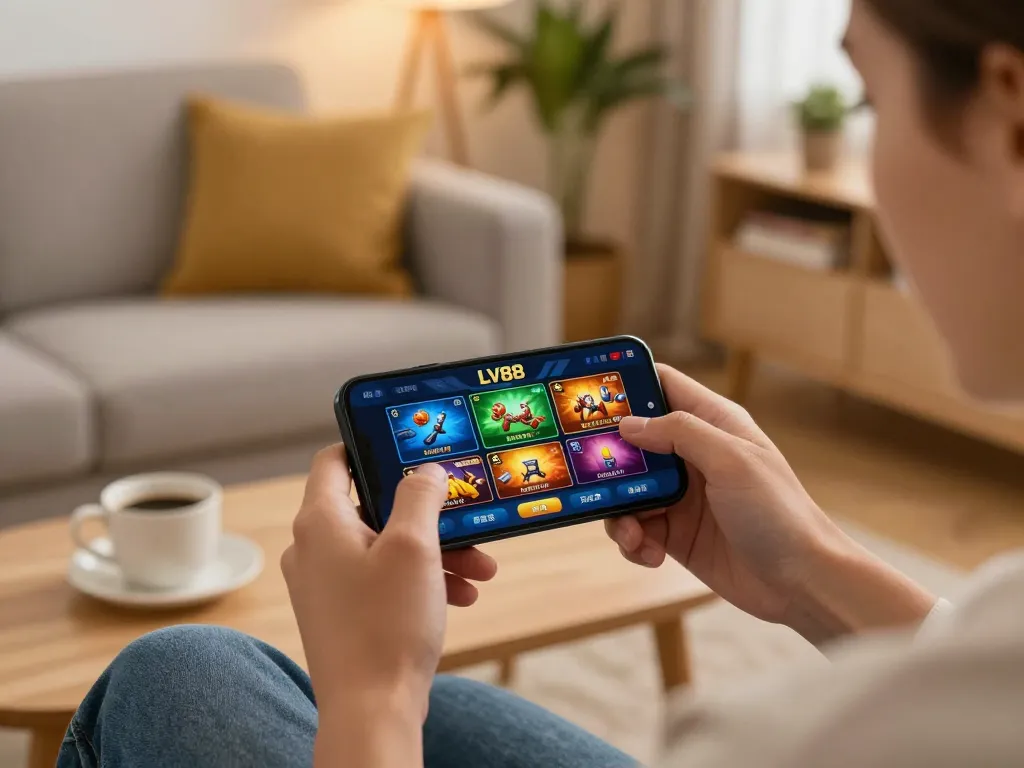 Player enjoying LV88 casino app on smartphone at home, showcasing engaging online gaming.