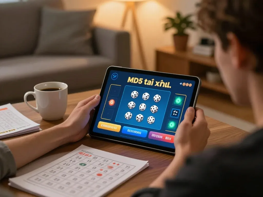 Player engaging in md5 tài xỉu on tablet with focused strategy notes in cozy living space.