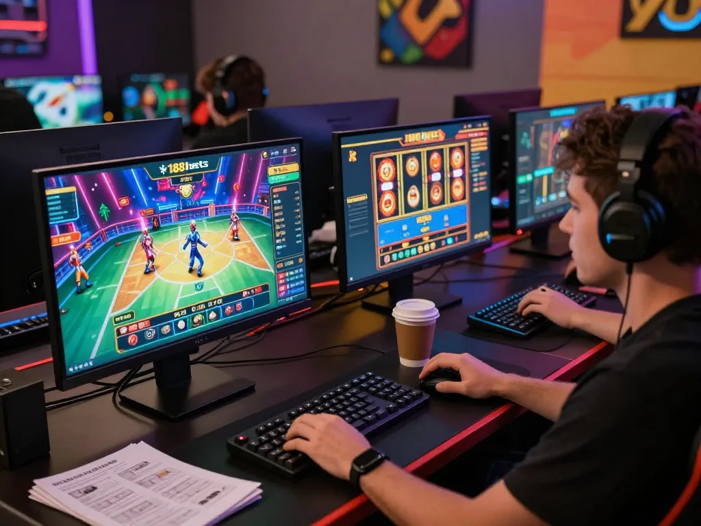 Engaged player navigating 188bets online gaming interface on desktop, showcasing vibrant gameplay