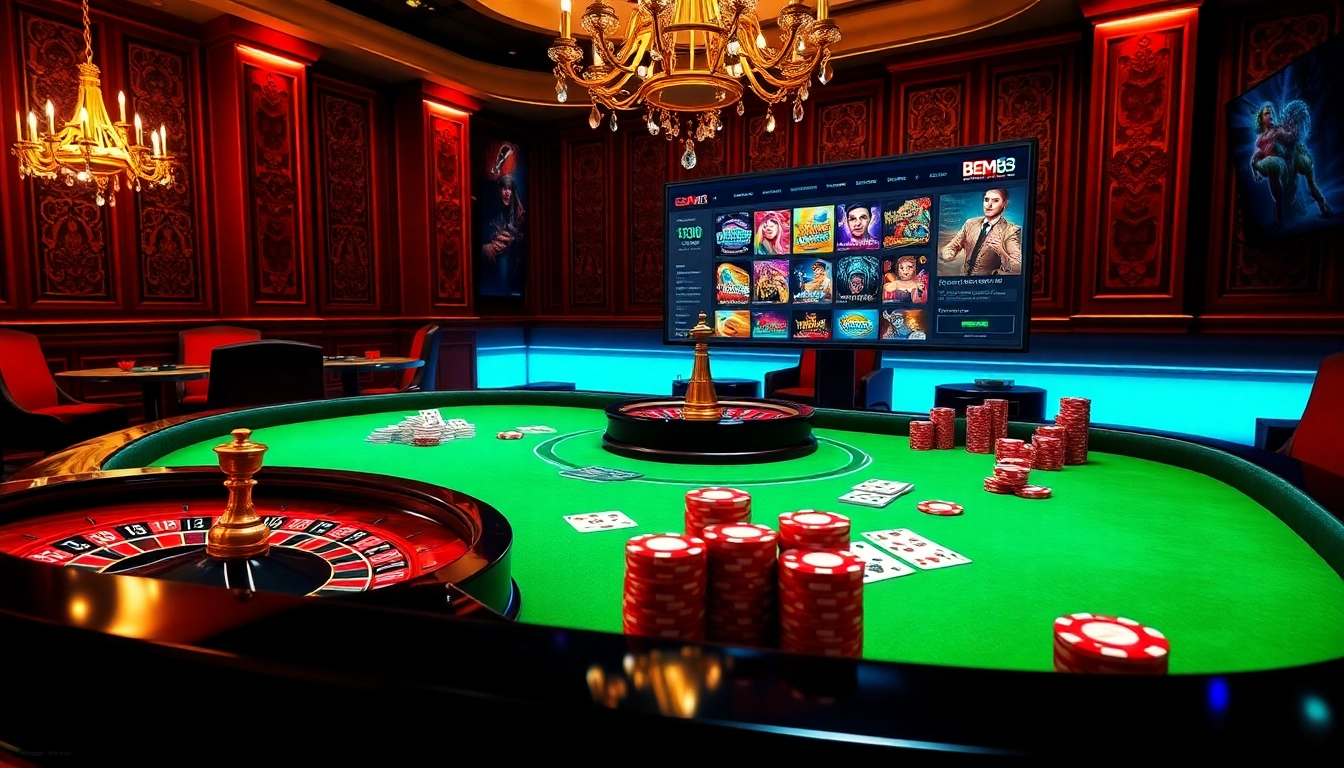 Experience thrilling gameplay at https://bem88.com with a luxurious casino setting featuring roulette and poker elements.
