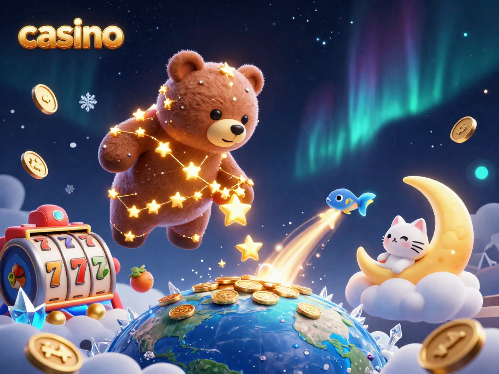 Engaging casino settings explore 3D cartoon constellation, slot reels, and dynamic gold coins.