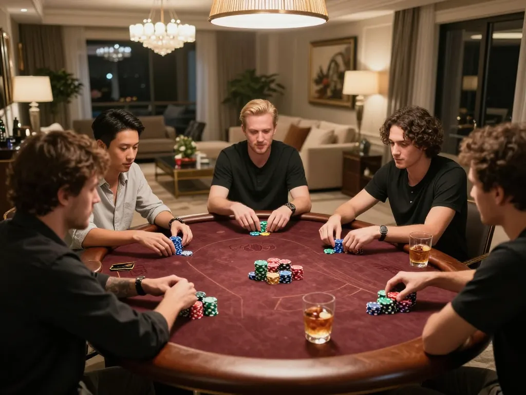 KADAL778 players strategizing in a lively poker game at a luxurious home setting