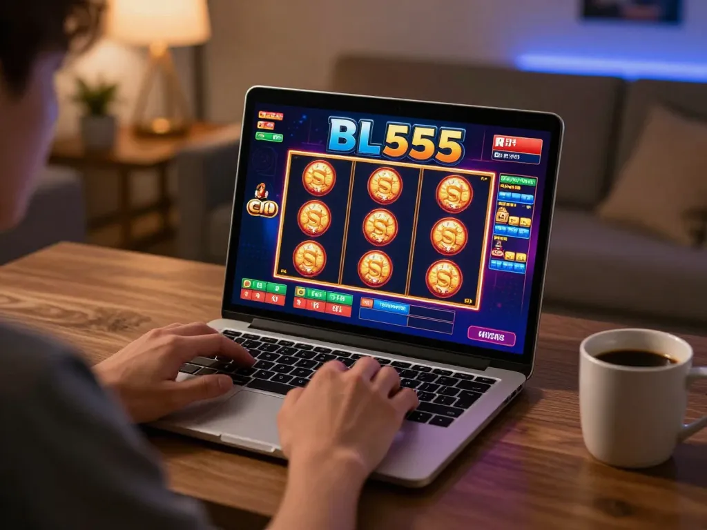 Player enjoying online slots at BL555 in a cozy home office environment