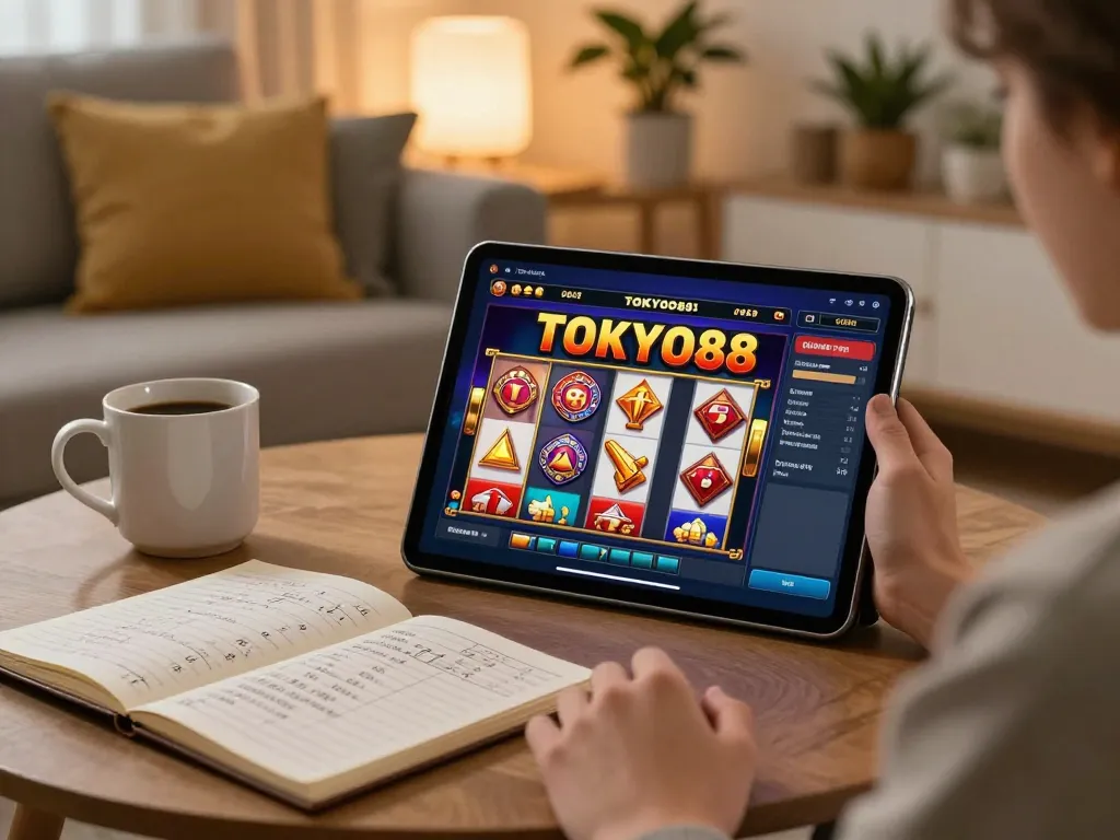 Suasana permainan online TOKYO88 yang menunjukkan seorang pemain terlibat dengan permainan slot dalam atmosfer yang nyaman.