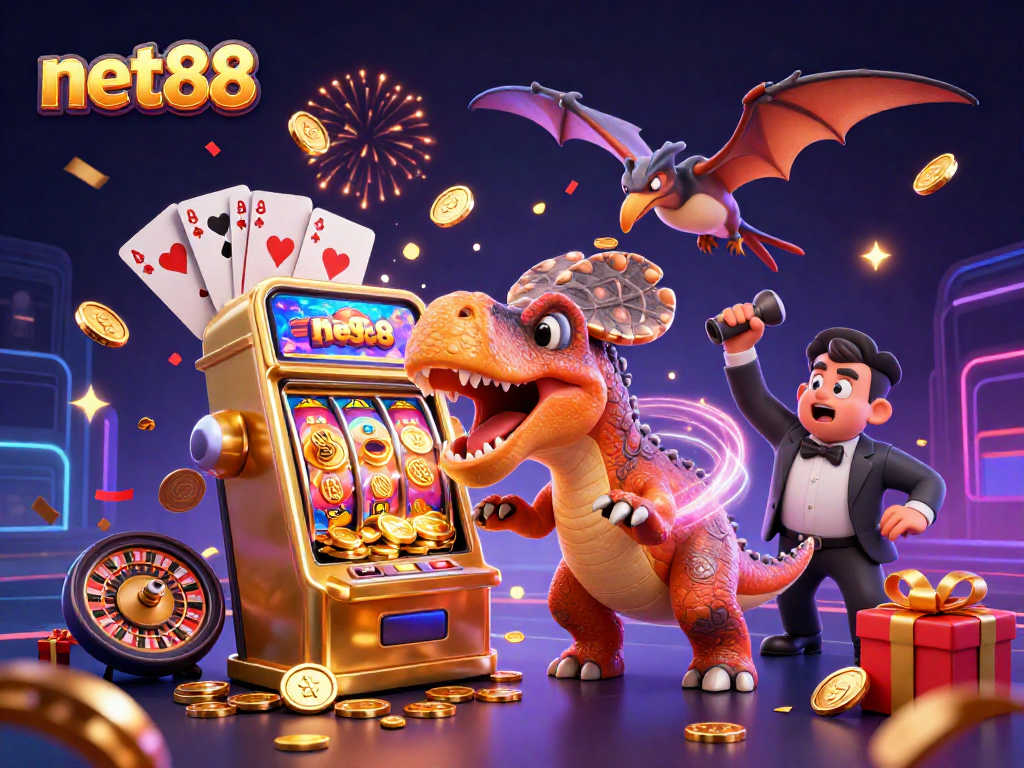 net88 jackpot scene with Pachycephalosaurus and colorful slot machine excitement