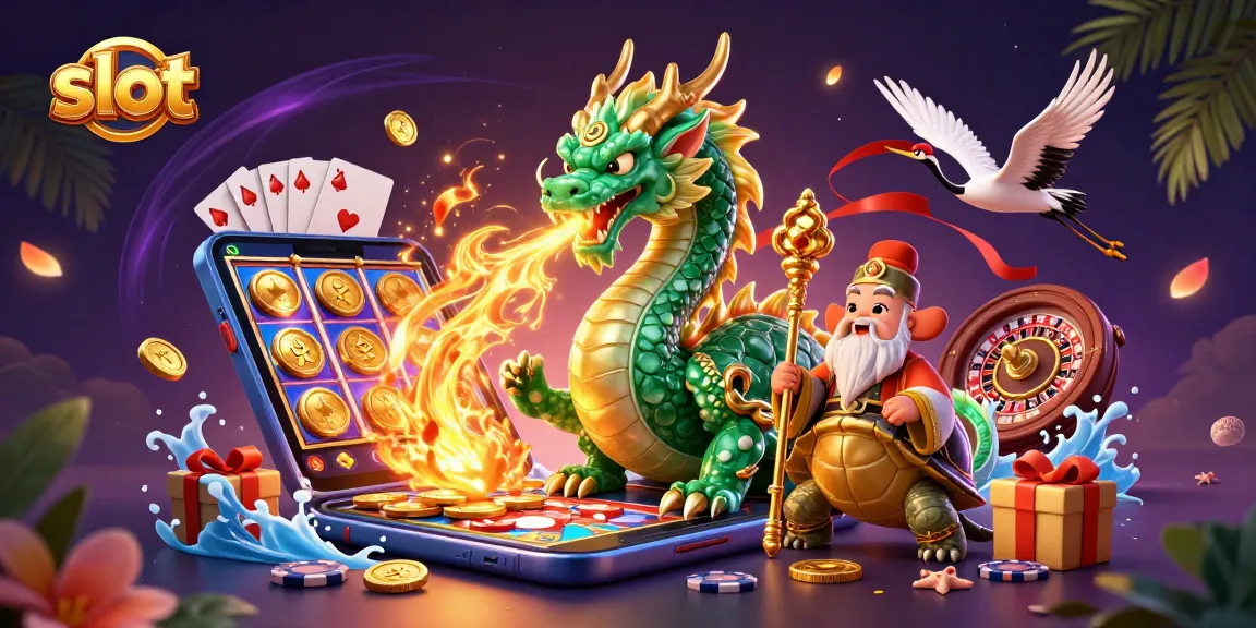 Experience thrilling slot action with colorful game icons and lucky symbols, featuring a jade dragon.