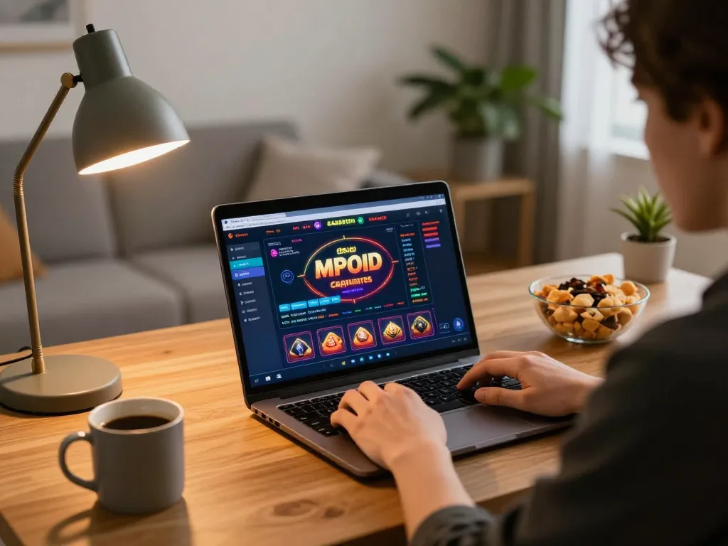 Engage with MPOID online gaming on a laptop while enjoying a cozy home setup