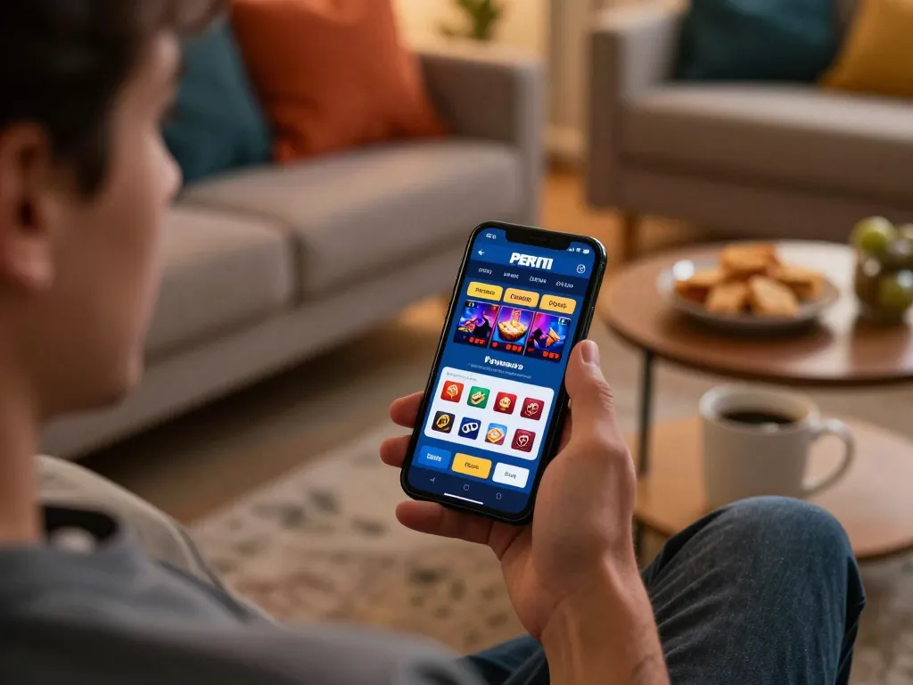 Player enjoying PERI11 online casino game on smartphone in a cozy living room setting