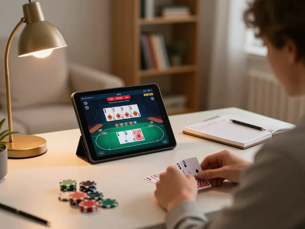 Player strategizing online poker at https://fc88.tech with cards displayed on tablet.