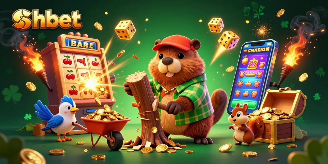 Join the fun at shbet, where a lumberjack beaver harvests golden coins amidst a dynamic casino scene.