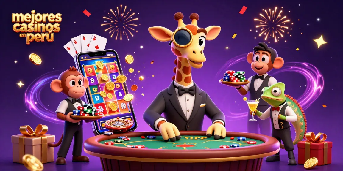 Juega en los mejores casinos en Perú con la experiencia única de una jirafa, un mono y un camaleón en una ilustración 3D vibrante.