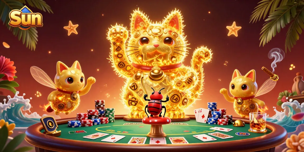 Experience thrilling casino action with a golden lucky cat, showcasing vibrant Sun symbols and poker games.