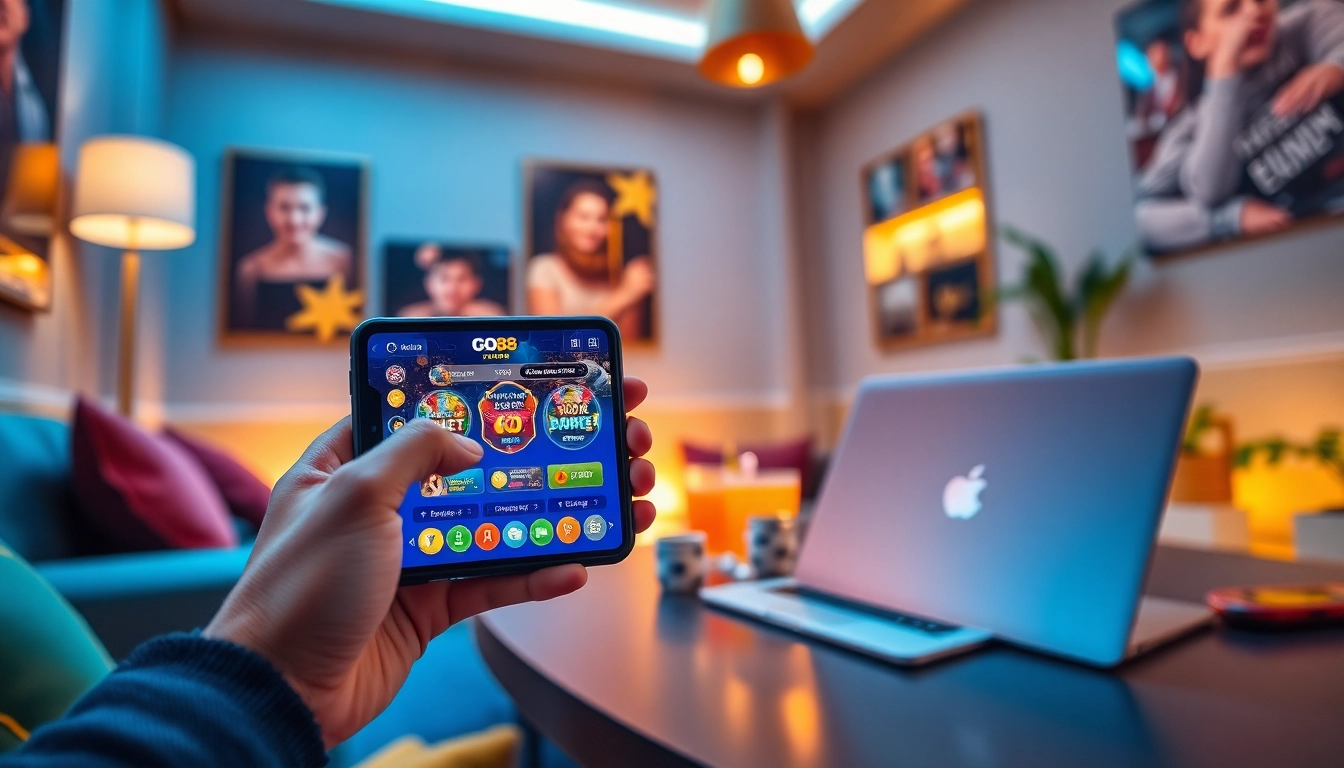 Tải GO88 app on a mobile phone in a vibrant gaming setting.
