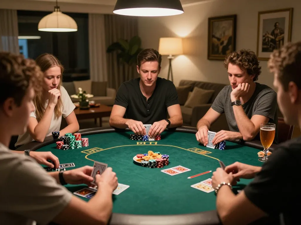 Friends engaging in a thrilling poker game at home, featuring strategic gameplay and excitement with MMOO ambiance