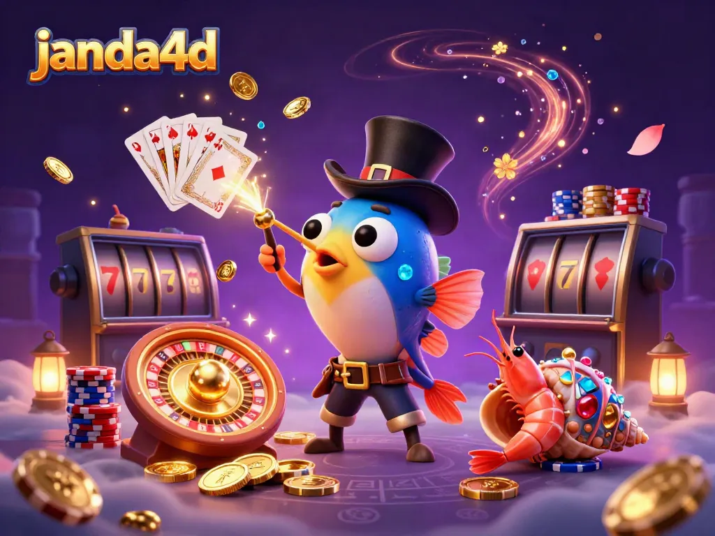 Gamer berinteraksi dengan jackpot di janda4d, dikelilingi koin emas dan simbol slot.