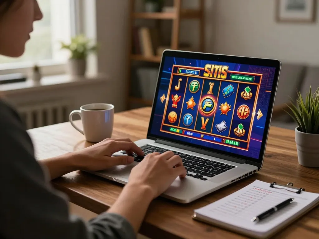 Sparking interest in situs slot gameplay on a laptop, showcasing a home gambling setup with strategy notes.