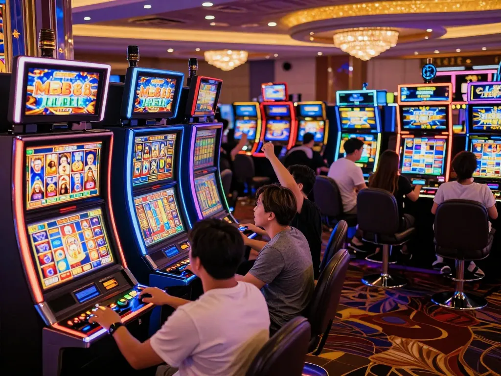Experience excitement at MB88 slot machines with vibrant players celebrating wins.