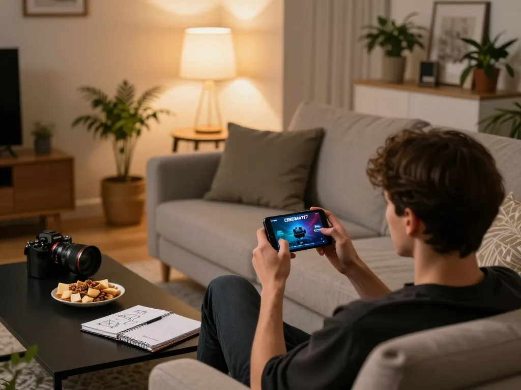 CENDANA777 player engaging with mobile app in a cozy living room gaming setup.