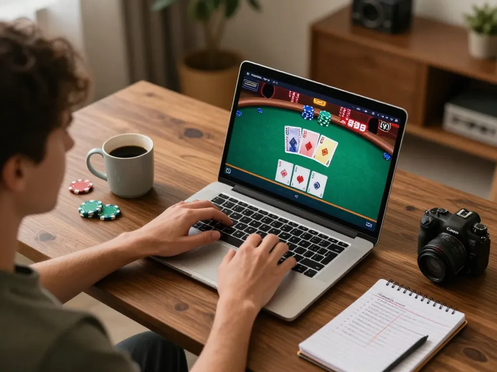 Player strategizing on poker gameplay at home through 123B MVP on a laptop, cozy ambiance.