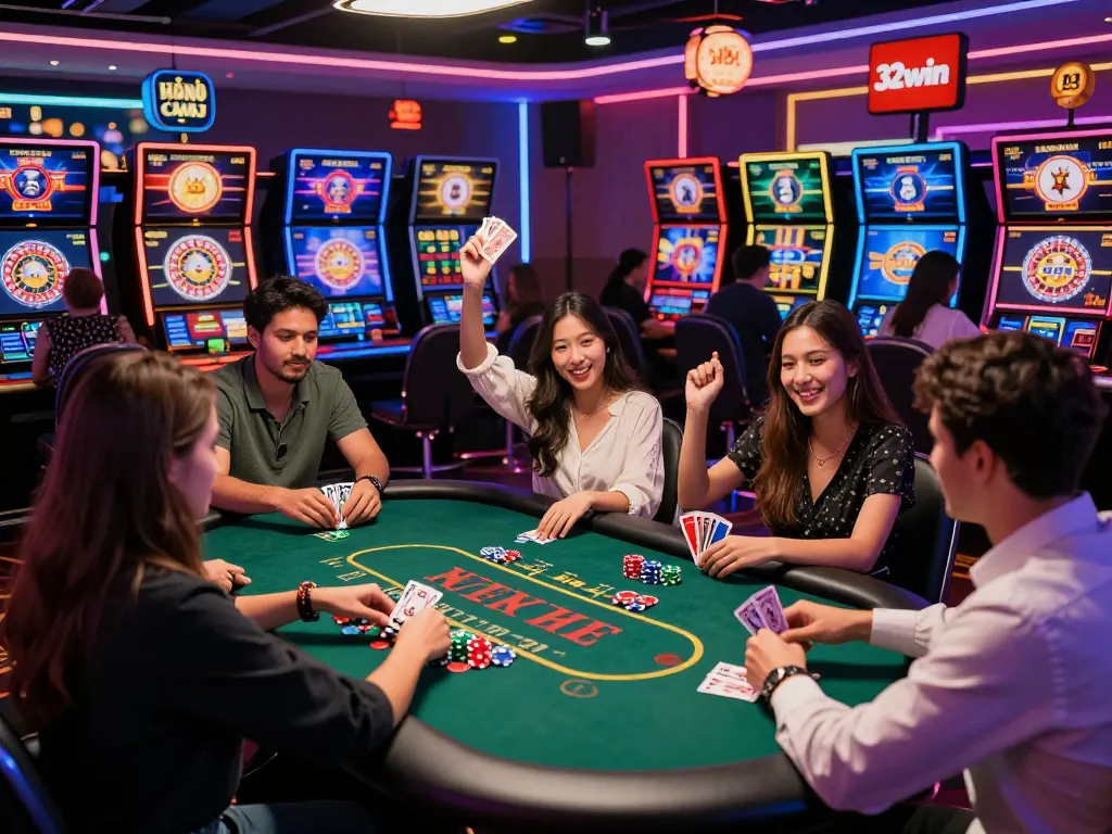 Exciting online gaming atmosphere at Nhà Cái 32win with players celebrating a big win and vibrant gaming activities.