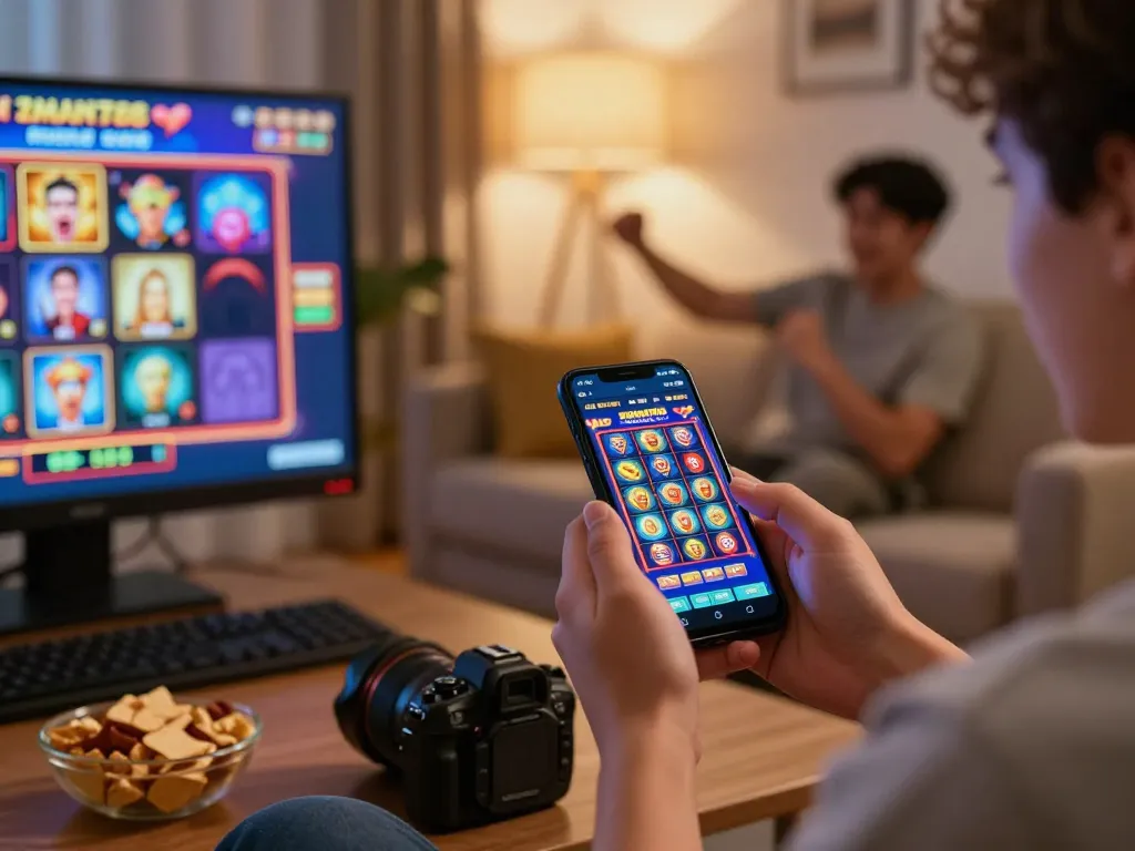 Pemain menikmati pengalaman permainan slot online aman788 di ruang tamu yang nyaman.